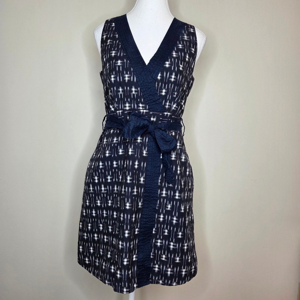 J.Crew Navy White Ikat Geometric Faux Wrap Dress Linen Trim Size 2 Sleeveless
